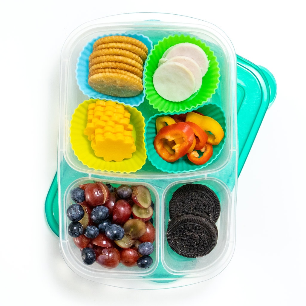 多色小朋友午餐盒 多片填满火鸡 奶酪 饼干 蔬菜和水果