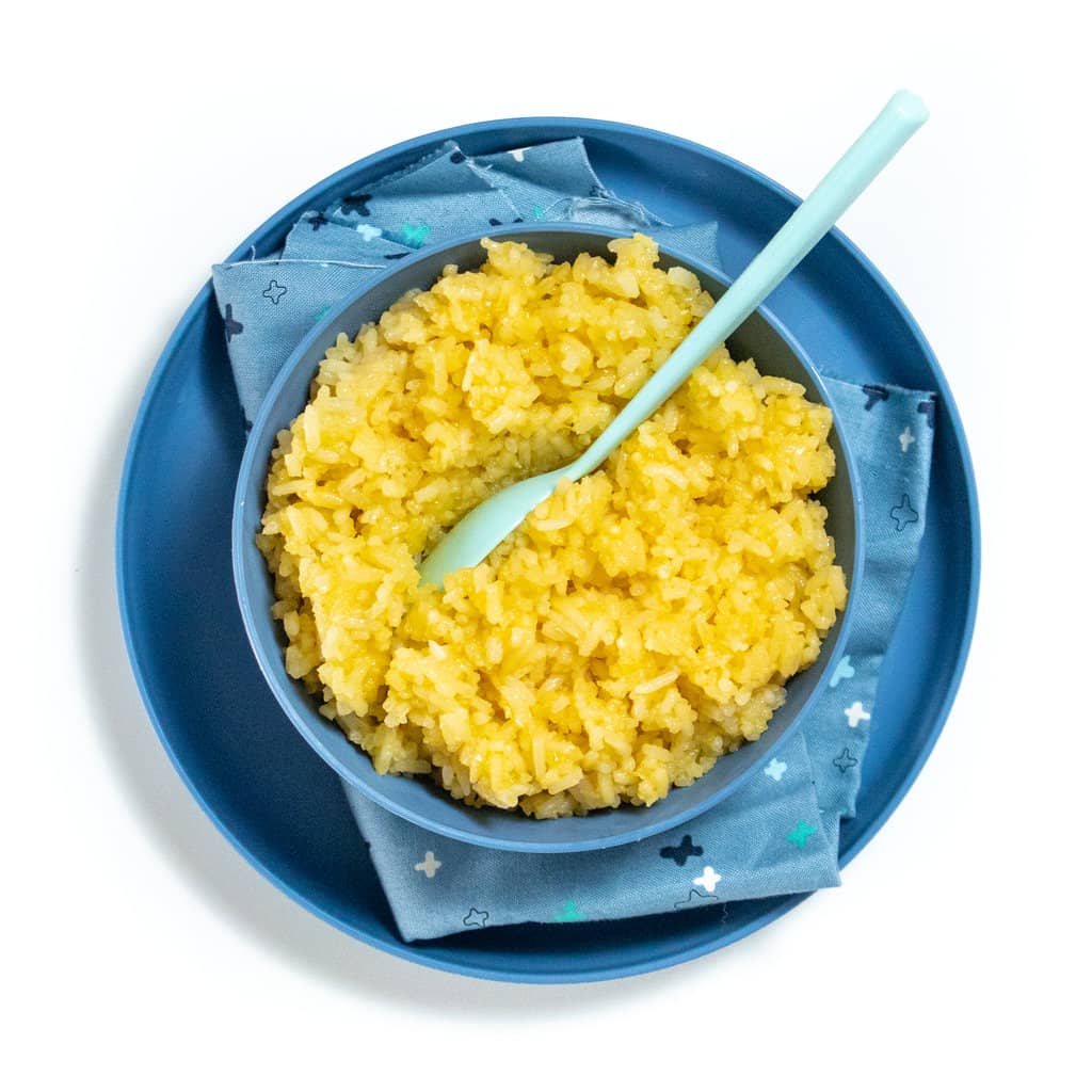 蓝碗盘盘子里有毛奶酪米 上铺蓝勺