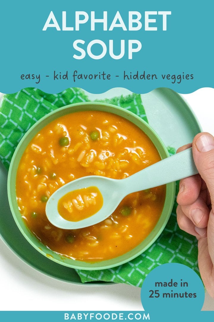 图形文章-软软小朋友25分钟内制作最受喜爱的隐藏蔬菜图片显示绿碗和绿餐巾满满字母汤并手举表单